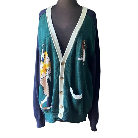 Vtg Hathaway Hand Intarsia Color Block Cotton Cardigan vintage golf - Picture 3 of 5